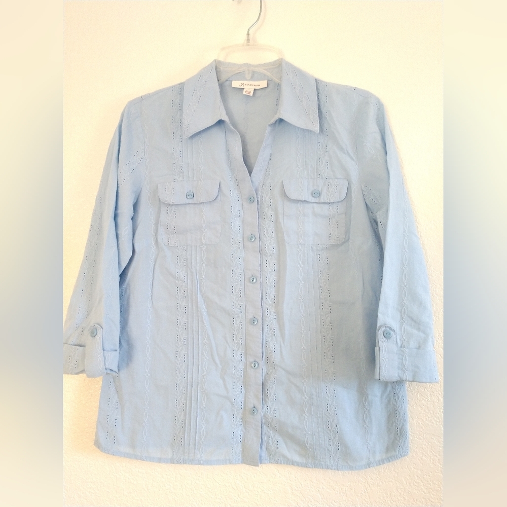 Pretty Eyelet Shirt Blue 3/4 Sleeve Size 6 Chest 36" Cottagecore Coastal